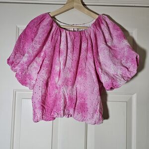 Free the Roses Woman Small Paisley Eyelet Tie Dye Pink Balloon Sleeve Puff